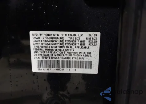 2010 Honda Pilot Ex-L z USA, uszkodzony, nr VIN 5FNYF4H64AB031806